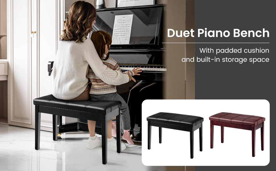 Solid Wood PU Leather Piano Double Storage Keyboard Bench